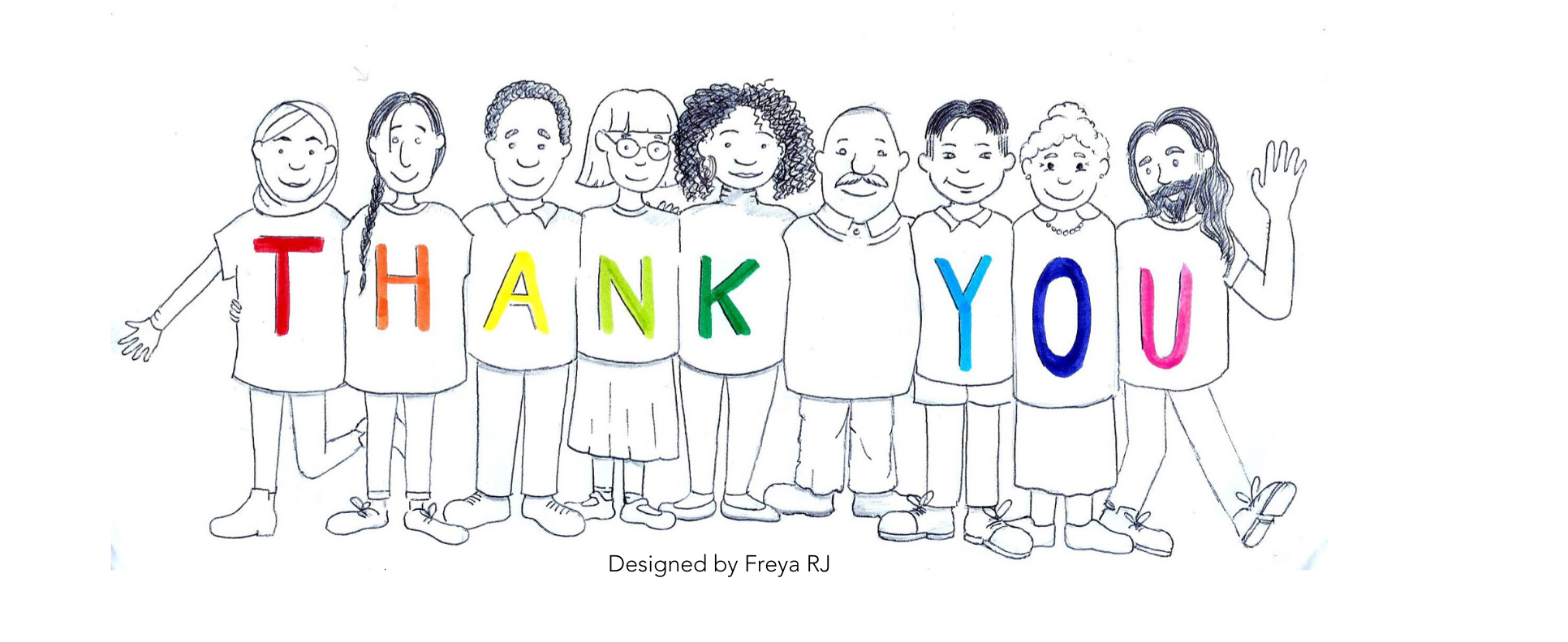 Line drawing of people with the words "thank you" spelled out on their t-shirts