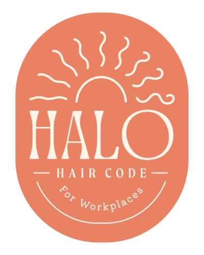 Coral coloured oval with the Halo logo on it and the words "Halo hair code for workplaces"