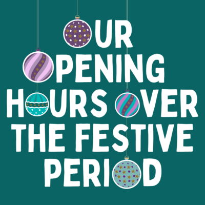 White bold text reads, "Our Opening Hours Over The Festive Period." All letter O's have been replaced with a Christmas bauble. All displayed on a green background.