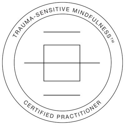 Circular logo that says "Trauma Sensitive Mindfulness Certified Practitioner"