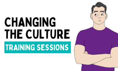 Text reads, "Changing the Culture Training Sessions." Text accompanied by an illustration of an Asian man with fair skin and black hair, wearing a purple t shirt and folding his arms.