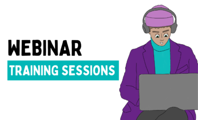Text reads, "Webinar Training Sessions". Text accompanied by an illustration of a non-binary person with light brown skin and brown hair, wearing a purple hat and coat, blue jumper and grey headphones and looking at a laptop.