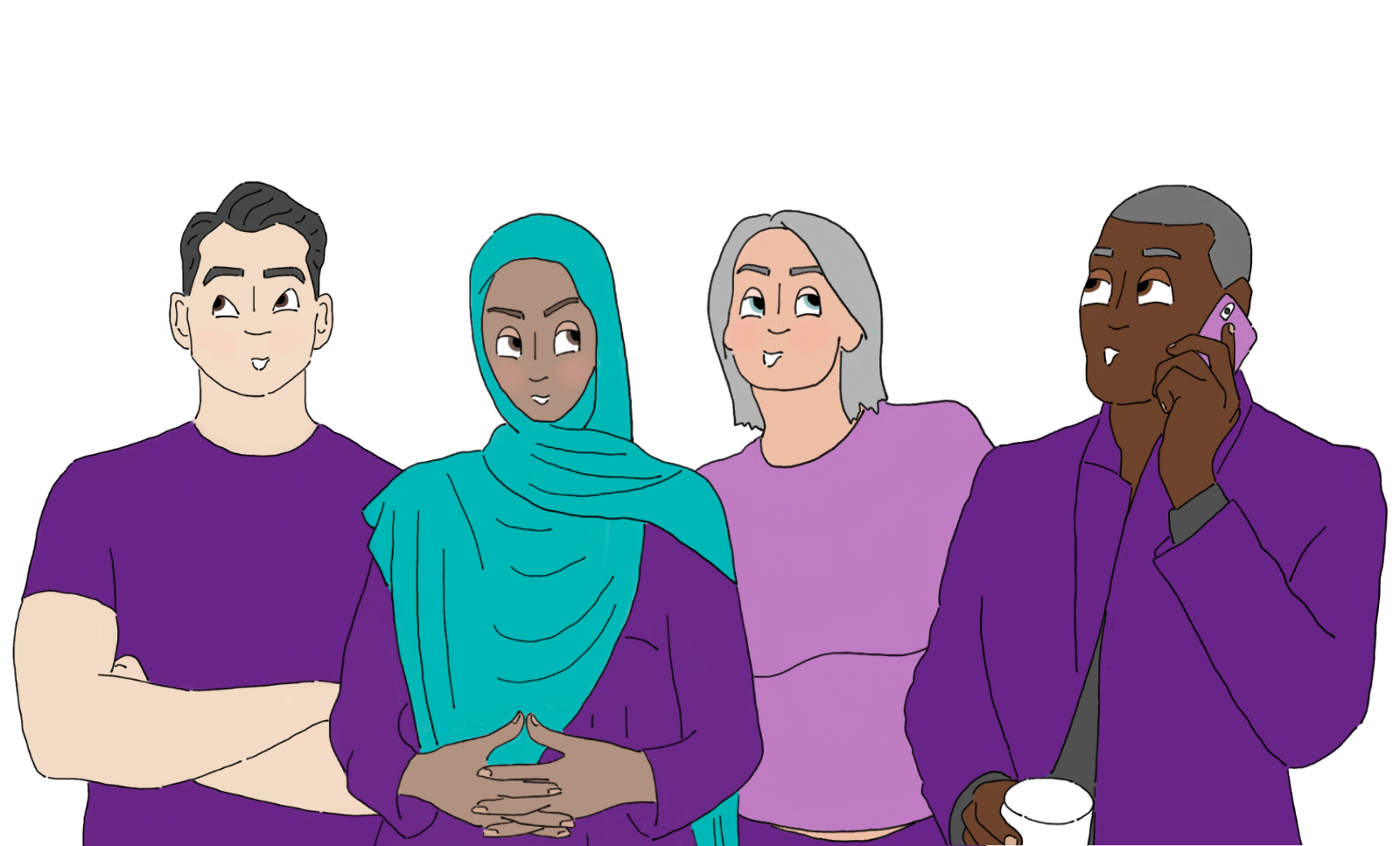 Illustration of four people standing together. The individuals are of different genders, ethnicities and ages.
