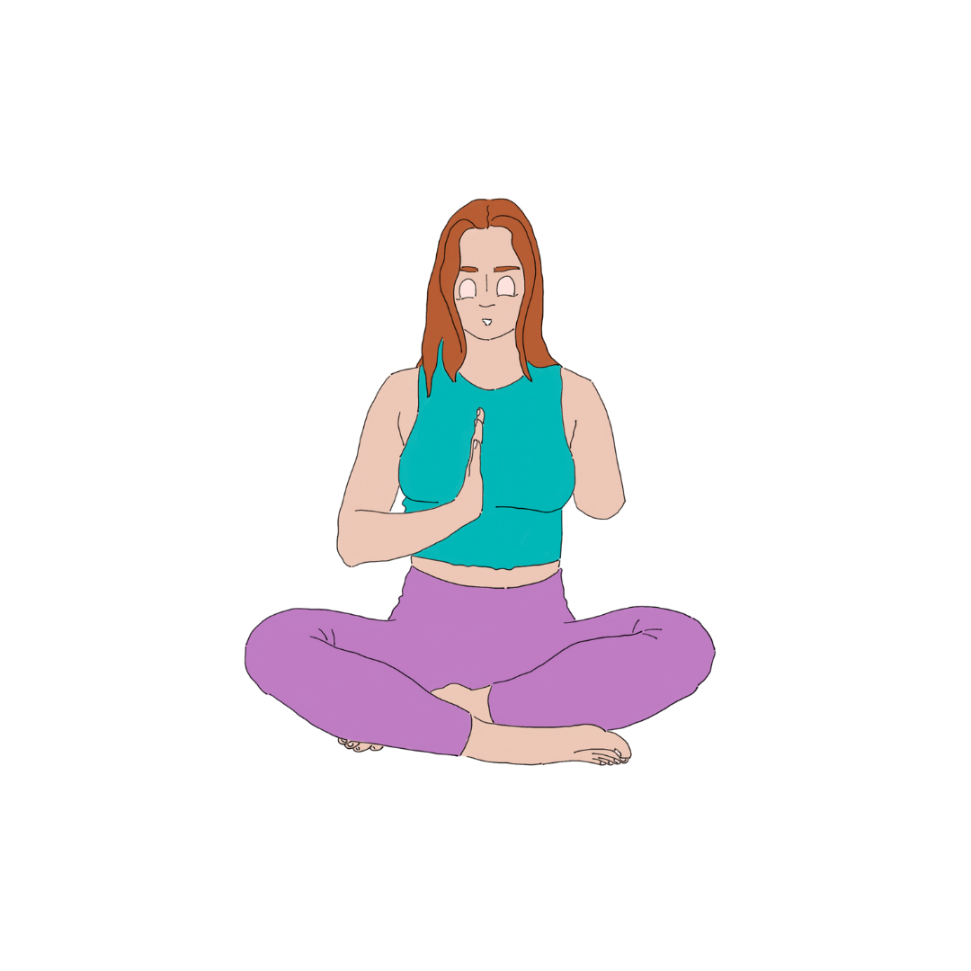 Illustration of a woman with fair white skin, ginger hair and an amputated arm, wearing a blue crop top and light purple leggings, whilst practicing yoga.