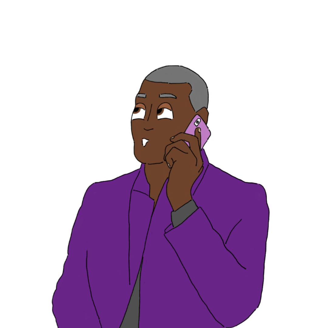 Illustration of a man with dark brown skin and grey hair, wearing a grey top and purple coat, holding a pink phone to his ear.