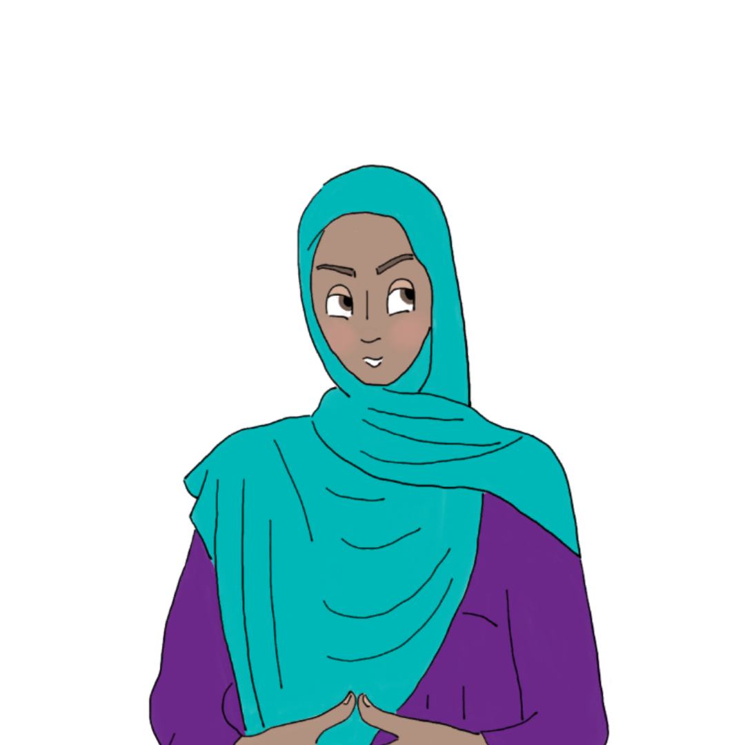 Illustration of a woman with light brown skin, wearing a blue headscarf and purple top.
