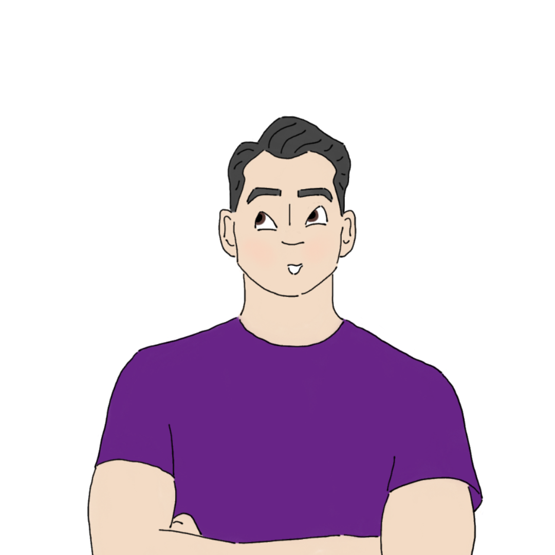 Illustration of an Asian man with fair skin and black hair, wearing a purple t shirt and folding his arms.