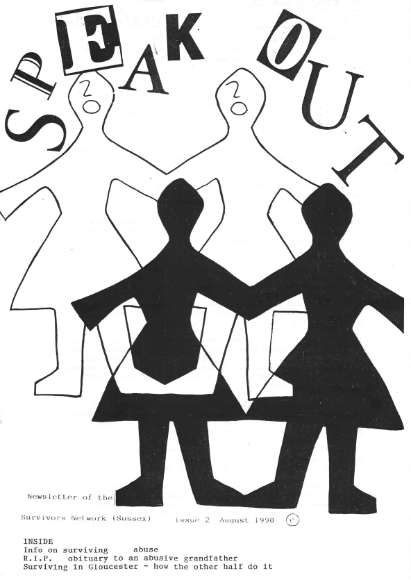 Front cover of Survivors' Network Speak Out Newsletter Issue 2, featuring a black and white illustration of 4 abstract women holding hands.
