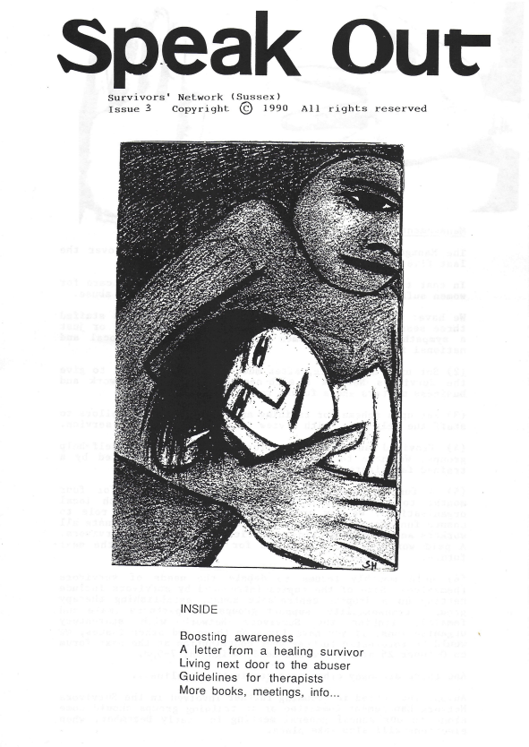 Front cover of Survivors' Network Speak Out Newsletter Issue 3, featuring a black and white illustration of a black and white person embracing.