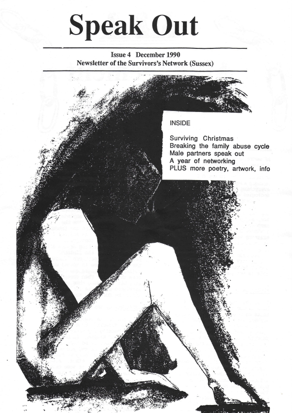 Front cover of Survivors' Network Speak Out Newsletter Issue 4, featuring a black and white illustration of a woman sitting in darkness.