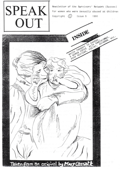 Front cover of Survivors' Network Speak Out Newsletter Issue 5, featuring a black and white illustration of a woman embracing a young child.