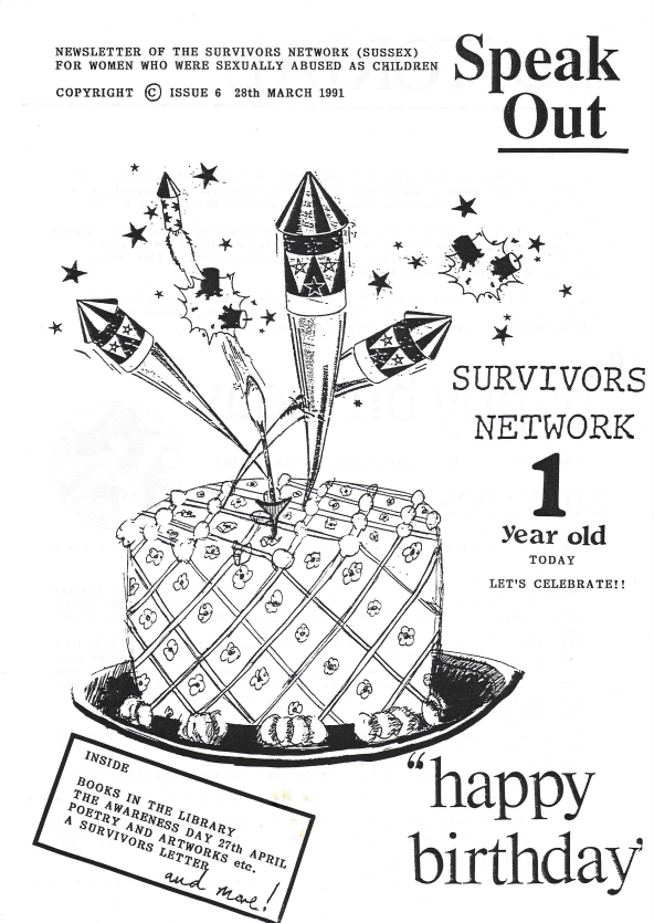Front cover of Survivors' Network Speak Out Newsletter Issue 6, featuring a black and white illustration of a birthday cake with fireworks coming out of it.