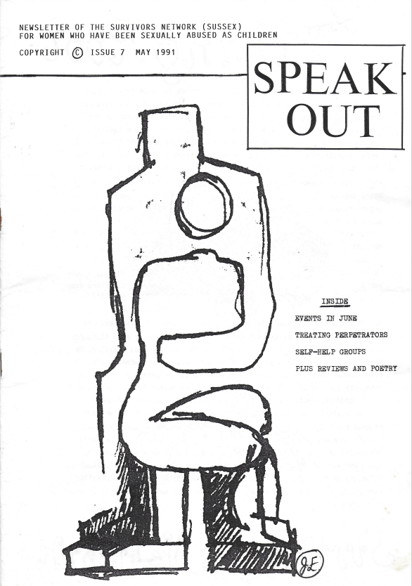 Front cover of Survivors' Network Speak Out Newsletter Issue 7, featuring a black and white illustration of two abstract people embracing.
