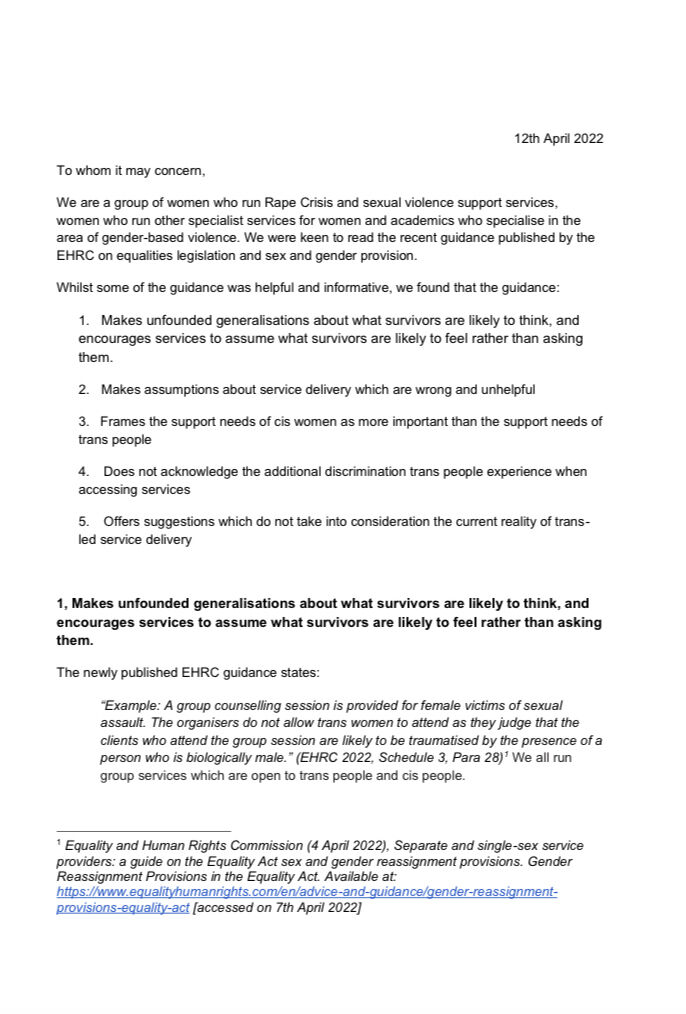 Page 1 of Survivors' Network's letter to the Equalities and Human Rights Commission on their recent guidance for separate and single sex service providers.