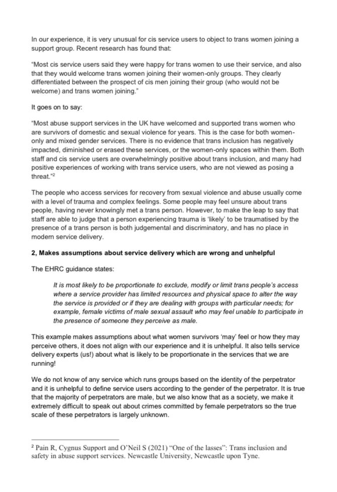 Page 2 of Survivors' Network's letter to the Equalities and Human Rights Commission on their recent guidance for separate and single sex service providers.