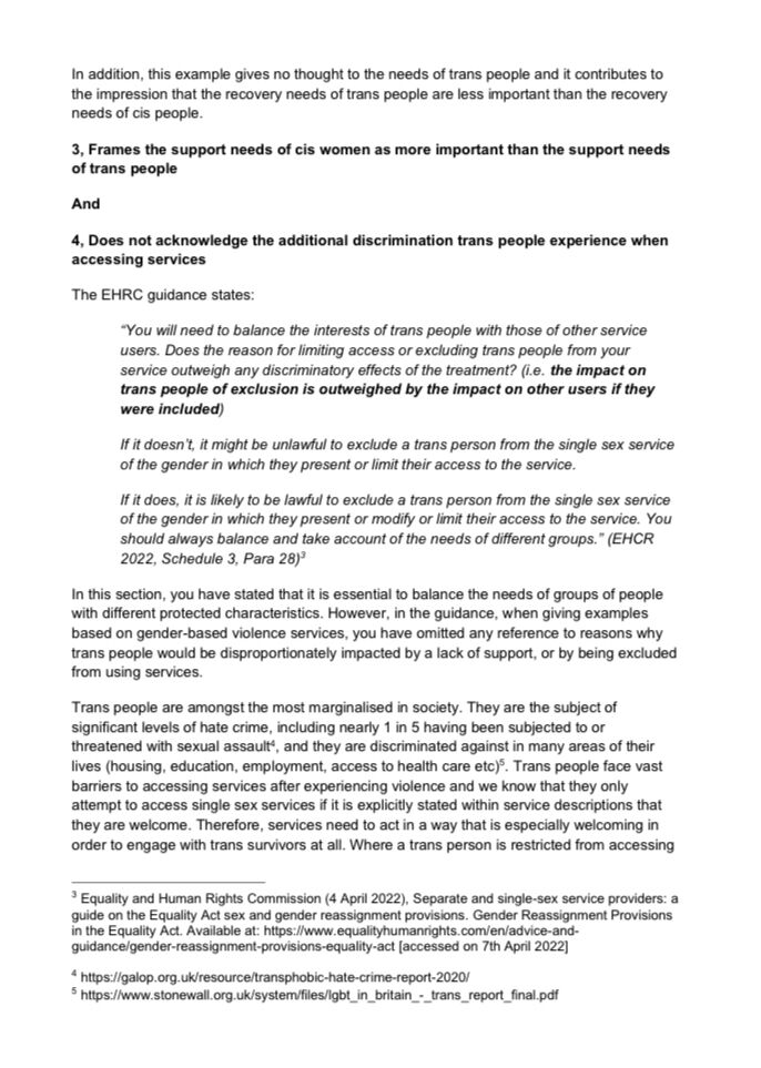 Page 3 of Survivors' Network's letter to the Equalities and Human Rights Commission on their recent guidance for separate and single sex service providers.