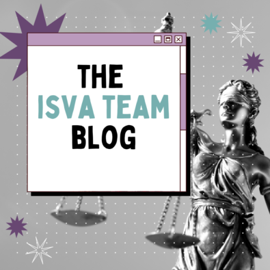 Photo of a metal sculpture of 'Lady Justice'. Superimposed bold black and blue text reads, "The ISVA Team Blog"
